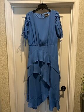 Maison Tara Blue Tiered High-Low Ruffle Dress